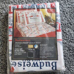 Budweiser Print Bed Fitted Sheet - Twin Size Perma Prest Muslin 39x75" Vintage